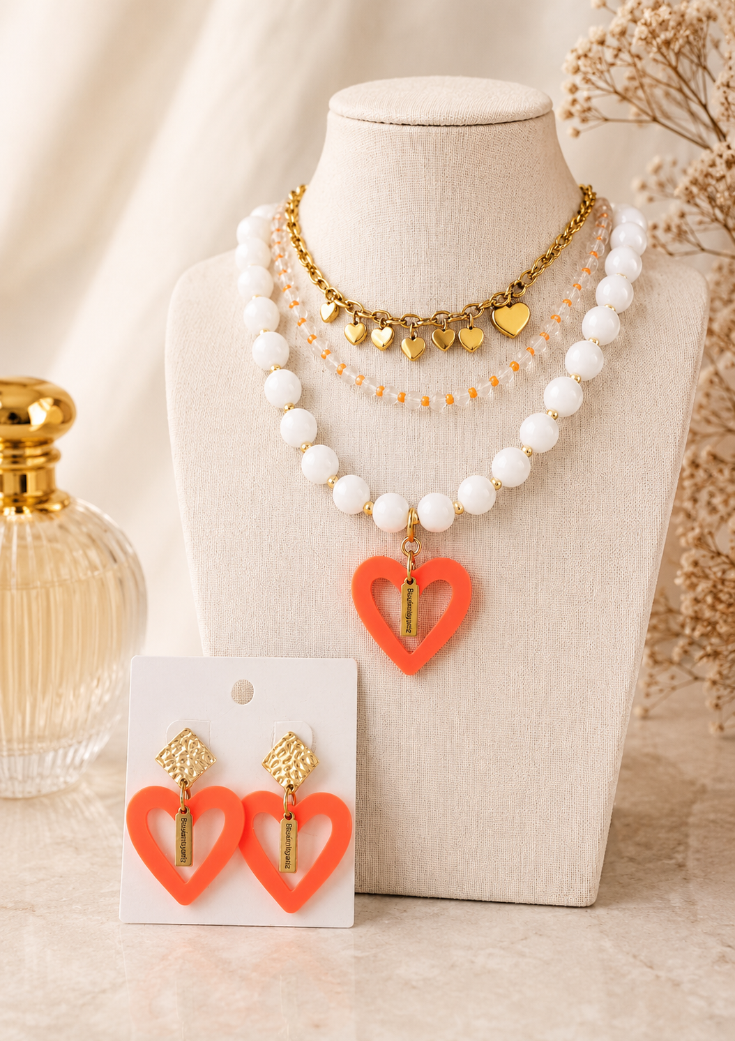 Collar y aretes Corazon Naranja