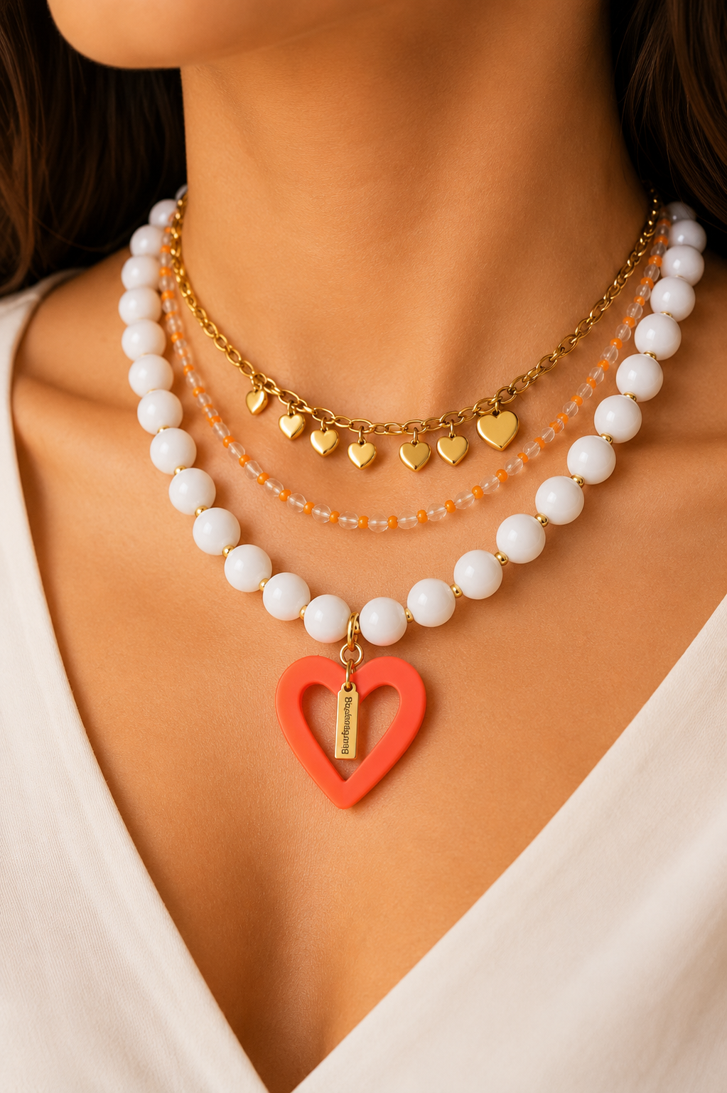 Collar y aretes Corazon Naranja